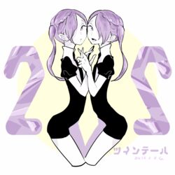  2others alternate_hairstyle amethyst_(houseki_no_kuni) androgynous black_necktie braid cojima commentary_request dated gem_uniform_(houseki_no_kuni) hair_over_one_eye holding_hands houseki_no_kuni multiple_others nail_polish necktie other_focus purple_eyes purple_hair short_sleeves shorts siblings signature smile twins twintails twintails_day 