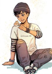  1boy animal animal_on_shoulder beanie black_hair brown_eyes commentary_request dark-skinned_male dark_skin denim hamster hamster_on_shoulder hat jeans male_focus open_mouth pants phichit_chulanont sitting smile torn_clothes torn_jeans torn_pants twitter_username watch whitemop_jog yuri!!!_on_ice 