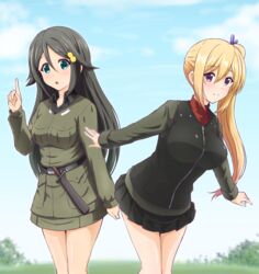  2girls anzio_military_uniform black_hair blonde_hair blue_eyes carpaccio_(girls_und_panzer) carpaccio_(girls_und_panzer)_(cosplay) commentary_request cosplay diesel-turbo girls_und_panzer hayami_saori izumi_reina kawakami_mai long_hair military military_uniform mole mole_under_eye multiple_girls musaigen_no_phantom_world nonna_(girls_und_panzer) nonna_(girls_und_panzer)_(cosplay) outdoors pravda_military_uniform purple_eyes side_ponytail uesaka_sumire uniform voice_actor_connection 