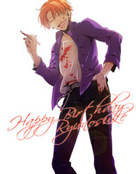  1boy ^_^ blood blood_on_face closed_eyes commentary_request fate/zero fate_(series) gucce222 jacket male_focus orange_hair photoshop_(medium) purple_jacket scalpel solo uryuu_ryuunosuke 