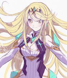  armor bad_id bad_twitter_id blonde_hair breasts cleavage dress female gloves hashio_(gobou3443) highres large_breasts long_hair mythra_(xenoblade) solo white_background xenoblade_chronicles_(series) xenoblade_chronicles_2 yellow_eyes 