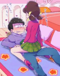  1boy bad_id bad_twitter_id bed black_hair drooling female green_skirt hairband heart heart-shaped_pupils hood hoodie low_twintails matsuno_ichimatsu messy_hair on_floor osomatsu-kun osomatsu-san osomatsu_(series) pants plaid plaid_skirt remotarou short_twintails signature single_vertical_stripe sitting sitting_on_person skirt straddling symbol-shaped_pupils track_pants translated trembling turtleneck twintails yowai_totoko 