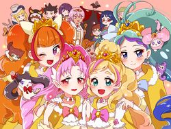  6+girls akagi_towa amanogawa_kirara aroma_(go!_princess_precure) bad_id bad_pixiv_id bird blonde_hair blush canine close_(go!_princess_precure) cure_flora cure_mermaid cure_scarlet cure_twinkle dyspear earrings feline go!_princess_precure hair_ornament haruno_haruka jewelry kaidou_minami kitakaze_asuka kuroro_(go!_princess_precure) lock_(go!_princess_precure) long_hair magical_girl miss_siamour multicolored_hair multiple_girls nanase_yui pink_hair precure puff_(go!_princess_precure) purin_(purin0) red_eyes shut_(go!_princess_precure) smile two-tone_hair 