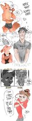  2017 absurd_res anthro briefs canid canine clothed clothing dialogue disney english_text eye_scar facial_scar female fox group heart_symbol hi_res human lagomorph leporid male mammal max_midnight muscular nick_wilde rabbit red_fox scar simple_background speech_bubble spintherella text topless true_fox underwear white_background yellow_eyes zootopia 