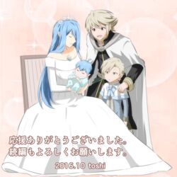  3boys :d :o aged_down aged_up azura_(fire_emblem) baby barefoot blue_hair breasts cape chair closed_eyes commentary_request corrin_(fire_emblem) corrin_(male)_(fire_emblem) couple dress female fire_emblem fire_emblem_fates grey_hair highres holding husband_and_wife jewelry kana_(fire_emblem) kana_(male)_(fire_emblem) multiple_boys open_mouth pendant pink_background pointy_ears red_eyes shigure_(fire_emblem) short_hair siblings sidelocks sitting sleeping smile straight strapless strapless_dress text_focus tiara toshi_(toshi10416) translation_request white_cape yellow_eyes 