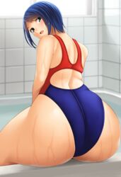  aqua_eyes ass blue_hair commentary_request competition_swimsuit female gyouza_teishoku highres looking_at_viewer looking_back one-piece_swimsuit open_mouth original parted_lips short_hair sitting solo swimsuit thick_thighs thighs tiles wet 