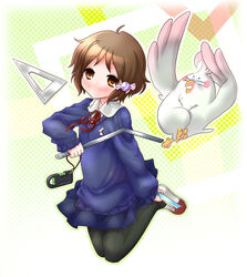  absurdres bird black_legwear brown_eyes brown_hair candy_hair_ornament candy_wrapper commentary_request dera_mochimazzui female food-themed_hair_ornament hair_ornament highres kanon_(kurogane_knights) makino_kanna pantyhose photoshop_(medium) rabbit school_uniform shoes short_hair steel_square sweater tamako_market triangle uwabaki 