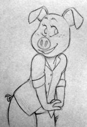  anthro black_and_white domestic_pig eyelashes female freckles illumination_entertainment ilonacho mammal monochrome rosita_(sing) sing_(movie) smile solo suid suina sus_(pig) traditional_media_(artwork) 