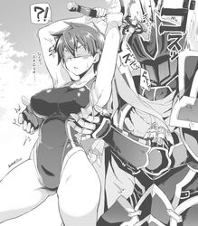  !? 1boy armor armpits black_knight_(fire_emblem) blindfold blood blush commentary_request competition_swimsuit female fire_emblem fire_emblem:_path_of_radiance full_armor genderswap_(mtf) greyscale highres ike_(fire_emblem) monochrome one-piece_swimsuit parted_lips ragnell rule_63 short_hair slashing sweatdrop swimsuit sword weapon yajiro_masaru 