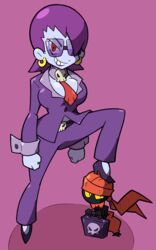  alternate_costume ascot bad_id bad_pixiv_id bespectacled blue_skin breasts business_suit colored_skin earrings female formal glasses grin high_heels hoop_earrings jewelry large_breasts lipstick makeup pant_suit pants purple_hair purple_lips red_eyes risky_boots shantae_(series) shenanimation short_hair smile solo_focus stepped_on suit sweatdrop tinkerbat wrist_cuffs 