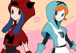  2girls angie_(pokemon) black_eyes blue_eyes blue_hair hood multiple_girls nintendo npc npc_trainer orange_hair pokemon pokemon_(anime) pokemon_(game) pokemon_bw pokemon_rse team_magma team_magma_grunt team_plasma team_plasma_grunt 