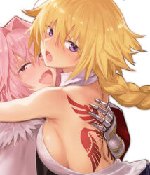  1boy :d astolfo_(fate) back_tattoo blonde_hair braid breasts commentary_request fate/apocrypha fate_(series) female hug jeanne_d&#039;arc_(fate) jeanne_d&#039;arc_(girl_from_orleans)_(fate) long_hair looking_at_viewer medium_breasts nekoi_mie oerba_yun_fang open_mouth otoko_no_ko pink_eyes pink_hair purple_eyes sideboob simple_background single_braid skin_fang smile tattoo white_background 