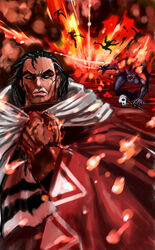  1boy black_hair burning clenched_hand commentary demon explosion fantasy fire magic:_the_gathering male_focus naglfar open_mouth red_eyes red_theme robe roy_(sennen_sensou_aigis) sennen_sensou_aigis skull smoke staff 