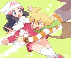  1boy bad_id bad_twitter_id bag barry_(pokemon) beanie black_hair blonde_hair blush coat commentary_request dawn_(pokemon) falling female green_background hat open_mouth panties pantyshot pokemon pokemon_dppt pokemon_platinum poketch purple_eyes remotarou scarf shoulder_bag simple_background skirt sweatdrop thighhighs underwear watch winter_clothes wristwatch yellow_eyes 