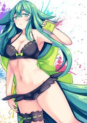  absurdly_long_hair bikini black_bikini breasts cleavage female frilled_bikini frills gatchaman_crowds green_eyes green_hair green_ribbons long_hair looking_at_viewer ribbon ribbon-trimmed_bikini solo swimsuit thigh_strap utsutsu very_long_hair 