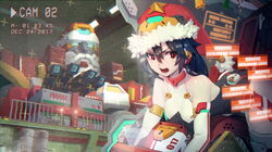  action bare_shoulders christmas commentary_request dated donghyun_shin elbow_gloves english_commentary fur-trimmed_hat gloves hair_between_eyes hat highres korean_commentary looking_at_viewer md5_mismatch mecha original package red_hat robot santa_costume santa_hat science_fiction solo timestamp vhs_artifacts white_gloves 