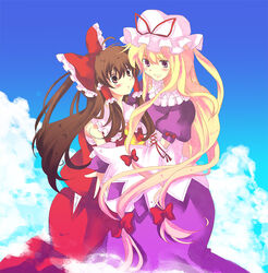  2girls akarino_(yucco) bad_id bad_pixiv_id blonde_hair bow brown_eyes brown_hair detached_sleeves hairbow hakurei_reimu long_hair multiple_girls purple_eyes touhou yakumo_yukari 