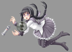  akemi_homura akemi_homura_(magical_girl) black_hair bomb braid commentary_request explosive female glasses long_hair mahou_shoujo_madoka_magica mahou_shoujo_madoka_magica_(anime) pantyhose pipe_bomb red-framed_eyewear solo spoilers twin_braids twintails utomo 