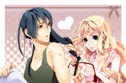  1boy bad_id bad_pixiv_id blonde_hair blue_eyes blue_hair breasts brown_eyes cleavage couple earrings female hairdressing hanazawa jewelry long_hair macross macross_frontier medium_breasts photoshop_(medium) ponytail saotome_alto sheryl_nome single_earring smile straight 