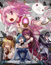  5girls akemi_homura akemi_homura_(magical_girl) black_hair blonde_hair blue_hair cape commentary_request drill_hair everyone gloves hairband hat hiroaki_(hiropon_pj) kaname_madoka kaname_madoka_(magical_girl) kyuubee long_hair magical_girl mahou_shoujo_madoka_magica mahou_shoujo_madoka_magica_(anime) miki_sayaka miki_sayaka_(magical_girl) multiple_girls pantyhose pink_eyes pink_hair ponytail red_eyes red_hair sakura_kyoko sakura_kyoko_(magical_girl) short_hair short_twintails sword tears tomoe_mami tomoe_mami_(magical_girl) twintails weapon white_cape 