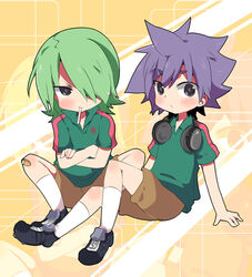  2boys green_hair headphones inazuma_eleven inazuma_eleven_(series) kita_p multiple_boys narukami_kenya purple_hair sakiyama_syuji sitting soccer_uniform sportswear 