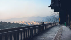  architecture cityscape commentary day east_asian_architecture forest kiyomizu-dera kusakabe_(kusakabeworks) kyoto kyoto_tower making-of_available nature no_humans original outdoors photorealistic real_world_location realistic scenery sky traffic_cone 