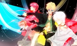  3boys a_certain_high_school_uniform accelerator_(toaru_majutsu_no_index) albino bad_id bad_pixiv_id black_choker black_jacket blonde_hair brown_hair chest_sarashi choker dagger diagonal-striped_shirt diagonal_stripes electrodes etzali female gakuran group_(toaru) gun handgun holding holding_dagger holding_gun holding_knife holding_weapon jacket jacket_on_shoulders kirigaoka_girls&#039;_academy_school_uniform knife multiple_boys musujime_awaki obsidian_rock open_clothes open_jacket red_hair ro53 sarashi school_uniform shirt skirt striped_clothes striped_shirt sunglasses toaru_majutsu_no_index tsuchimikado_motoharu unabara_mitsuki weapon white_hair winter_uniform 