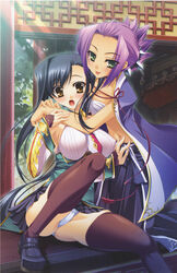  2girls :p absurdres black_hair breasts brown_legwear chouryou_(shia) cleavage d: green_eyes highres hug kan&#039;u_(koihime_musou) katagiri_hinata koihime_musou large_breasts medium_breasts multiple_girls official_art open_mouth panties photoshop_(medium) purple_hair sarashi spread_legs thighhighs tongue tongue_out underwear white_panties yellow_eyes 