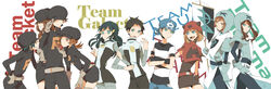  5boys 5girls adjusting_clothes adjusting_headwear alternate_costume alternate_headwear bandana belt black_hair blue_hair brendan_(pokemon) brown_hair clothes_writing commentary_request cosplay dawn_(pokemon) ethan_(pokemon) flag gloves green_(pokemon) hair_ornament hairclip hat highres hilbert_(pokemon) hilda_(pokemon) holding holding_poke_ball hood kinari lucas_(pokemon) lyra_(pokemon) may_(pokemon) multiple_boys multiple_girls oerba_yun_fang photoshop_(medium) poke_ball pokemon pokemon_bw pokemon_dppt pokemon_hgss pokemon_rgby pokemon_rse red_(pokemon) skirt surcoat team_aqua_uniform team_galactic_uniform team_magma_uniform team_plasma_uniform team_rocket team_rocket_uniform waist_poke_ball 