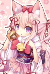  animal_ears azur_lane bell blush bow cat_ears chestnut_mouth commentary ema female fur_collar hair_between_eyes hair_ribbon hairbow japanese_clothes jingle_bell kimono kisaragi_(azur_lane) kisaragi_(new_year&#039;s_wish)_(azur_lane) long_hair long_sleeves looking_at_viewer mutsuki_(azur_lane) mutsuki_face_(azur_lane) obi official_alternate_costume one_side_up outline parted_lips pink_background pink_hair pink_kimono pink_skirt purple_eyes red_bow red_ribbon ribbon sash short_kimono skirt solo very_long_hair white_outline wide_sleeves yukiyuki_441 