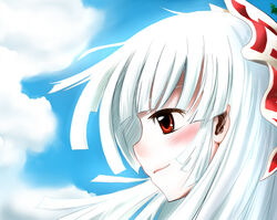  bad_id bad_pixiv_id blush bow close-up cloud day eien_no_sai_tori female fujiwara_no_mokou hairbow profile red_eyes sky solo touhou white_hair 