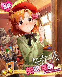  ahoge art_brush art_room beamed_eighth_notes beret blush brown_eyes brown_hair canvas_(object) card_(medium) character_name character_signature commentary dated_commentary easel english_commentary female hair_ribbon hat idolmaster idolmaster_million_live! looking_at_viewer musical_note official_art paintbrush painting_(action) palette_(object) ribbon sculpture short_hair solo upper_body wavy_mouth yabuki_kana 