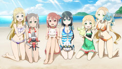  6+girls :&lt; :d aobouzu_(yuyuyu) aqua_eyes artist_request barefoot beach bikini black_eyes blonde_hair blue_bow blue_one-piece_swimsuit blue_ribbon blush bow breasts brown_hair bull canine cleavage closed_mouth cloud cloudy_sky collarbone day dress_swimsuit egg fairy flat_chest frilled_bikini frills front-tie_top full-face_blush green_eyes green_one-piece_swimsuit gyuuki_(yuyuyu) hair_between_eyes hair_ornament hair_over_shoulder hair_ribbon hairbow hairclip half_updo halterneck hand_on_another&#039;s_shoulder hands_on_another&#039;s_shoulders head_tilt heart heart_print holding inubouzaki_fuu inubouzaki_itsuki inugami_(yuyuyu) kneeling kodama_(yuyuyu) large_breasts long_hair looking_at_viewer low_ponytail medium_breasts mini_wings miyoshi_karin multiple_girls navel nogi_sonoko o_o ocean official_art on_ground one-piece_swimsuit open_mouth orange_bikini outdoors parted_bangs photoshop_(medium) purple_bikini red_eyes red_hair red_ribbon ribbon sand seiza short_hair short_ponytail short_twintails siblings side_ponytail sisters sitting sky small_breasts smile striped_bow striped_clothes striped_one-piece_swimsuit sunlight swimsuit tougou_mimori twintails very_long_hair water white_bikini white_bow white_ribbon wings yoshiteru_(yuyuyu) yuuki_yuuna yuuki_yuuna_wa_yuusha_de_aru yuusha_de_aru 