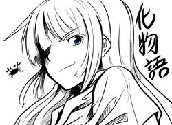  bad_id bad_pixiv_id bakemonogatari blue_eyes eien_no_sai_tori female greyscale long_hair monochrome monogatari_(series) portrait senjougahara_hitagi smile solo spot_color translated 