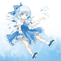  :d black_footwear blue_bow blue_dress blue_eyes blue_hair bow cirno commentary_request dress fairy fairy_wings female full_body gradient_background hair_between_eyes hairbow hko ice ice_wings looking_at_viewer open_mouth puffy_short_sleeves puffy_sleeves red_ribbon ribbon shirt shoe_soles shoes short_hair short_sleeves simple_background smile socks solo tareme touhou white_background white_hair white_shirt wings 