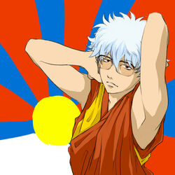  14th_dalai_lama 14th_dalai_lama_(cosplay) 1boy commentary cosplay gintama glasses male_focus ogawa_shuusuke robe sakata_gintoki solo tibetan_flag white_hair 