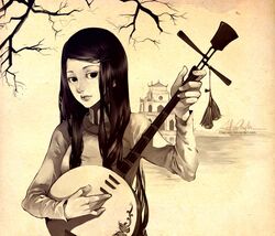  claparo commentary_request female hair_ornament hairclip instrument lips long_hair long_sleeves lute_(instrument) monochrome moon_lute original photoshop_(medium) signature solo tassel upper_body vietnamese_dress 