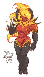  1boy abs basilissa breasts cowboy cowboy_hat demon demon_girl demoness doom_(game) feathers female fire fire_elemental fire_hair giant_monster hat high_noon_drifter horns large_breasts looking_at_viewer monster monster_girl muscle muscular_female nude original red_eyes skull smile unmasked 