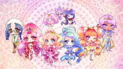  6+girls akagi_towa amanogawa_kirara aroma_(go!_princess_precure) blonde_hair bow chibi commentary_request cure_flora cure_mermaid cure_scarlet cure_twinkle dress earrings gloves go!_princess_precure haruno_haruka jewelry kaidou_minami long_hair magical_girl miss_siamour multicolored_hair multiple_girls nanase_yui pink_hair precure prince_kanata puff_(go!_princess_precure) smile tochiringo two-tone_hair waist_bow 