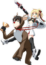  1boy :d alternate_costume animal_costume antlers black_bra black_gloves black_hair black_thighhighs blonde_hair blush bra breasts capelet chalice clarent_(fate) commentary_request cosplay cup elbow_gloves fake_antlers fate/apocrypha fate/grand_order fate_(series) female fur_trim gloves green_eyes hair_ribbon holding holding_reins horns horseback_riding jeanne_d&#039;arc_alter_santa_lily_(fate) jeanne_d&#039;arc_alter_santa_lily_(fate)_(cosplay) mordred_(fate) mordred_(fate/apocrypha) oerba_yun_fang open_mouth ponytail red_nose reindeer_antlers reindeer_costume reins ribbon riding shiseki_hirame short_hair short_ponytail short_sword sitting sitting_on_person small_breasts smile spiked_hair sword thighhighs underwear weapon 