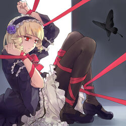  blonde_hair bondage bondage bound bow bug butterfly commentary domonekoteki dress drill_hair female frilled_dress frills full_body gokukoku_no_brynhildr lolita_fashion maid_headdress photoshop_(medium) red_bow red_eyes red_ribbon ribbon ribbon_bondage shoes sitting solo symbolism tachibana_kana twin_drills 