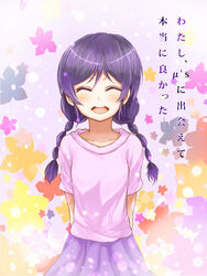  aged_down arms_behind_back azure_luna blush braid closed_eyes commentary_request facing_viewer female long_hair love_live! love_live!_school_idol_project open_mouth purple_hair shirt smile solo t-shirt tojo_nozomi translated twin_braids 