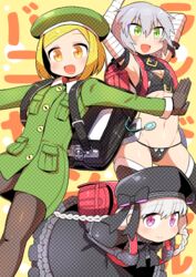  3girls :d backpack bag bandaged_arm bandages beret black_bow black_dress black_gloves black_hat black_panties black_pantyhose black_shirt black_thighhighs blonde_hair blush bow braid brown_gloves closed_mouth collared_jacket commentary_request crime_prevention_buzzer dress elbow_gloves etori fate/grand_order fate_(series) gloves gothic_lolita green_eyes green_hat green_jacket grey_hair hair_between_eyes hat hat_bow jack_the_ripper_(fate/apocrypha) jacket lolita_fashion long_hair long_sleeves looking_at_viewer low_twintails multiple_girls navel nursery_rhyme_(fate) open_mouth orange_eyes outstretched_arms panties pantyhose paul_bunyan_(fate) puffy_short_sleeves puffy_sleeves purple_eyes randoseru scar scar_across_eye scar_on_cheek scar_on_face shirt short_sleeves sleeveless sleeveless_shirt smile spread_arms thighhighs twin_braids twintails underwear v-shaped_eyebrows very_long_hair white_hair 