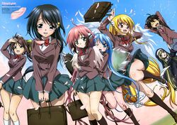  6+girls absurdres astraea_(sora_no_otoshimono) bag black_hair blazer blonde_hair blue_eyes blue_hair blush brown_eyes brown_hair chaos_(sora_no_otoshimono) choker closed_eyes cloud day furuichi_yuuichi green_eyes hair_ribbon hibi_chieko highres hirabayashi_nanae ikaros imageboard_desourced jacket kazane_hiyori kneehighs legs loafers long_hair matsuyama_aiko mitsuki_sohara multiple_girls newtype non-web_source nun nymph_(sora_no_otoshimono) official_art okayama_shinako one_eye_closed open_mouth petals pink_hair red_eyes ribbon sakurai_tomoki scan school_bag school_uniform shoes sky socks sora_no_otoshimono twintails very_long_hair wings 