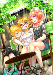  3girls alternate_costume aqua-framed_eyewear azure_luna bespectacled casual commentary_request glasses green_eyes hat highres hoshizora_rin hug koizumi_hanayo love_live! love_live!_school_idol_project multiple_girls nishikino_maki no_socks one_eye_closed open_mouth purple_eyes red-framed_eyewear semi-rimless_eyewear short_hair sitting smile under-rim_eyewear yellow-framed_eyewear 