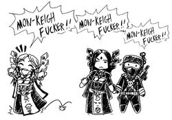  1boy 2girls bad_link chibi eldar english_text farseer greyscale liivi love_can_bloom macha_(warhammer) monochrome multiple_girls officio_assassinorum profanity taldeer vindicare_assassin warhammer_40k 