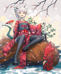  :d bee_(deadflow) bird black_thighhighs chicken chinese_zodiac commentary concon-collector cup dragon_girl dragon_horns dragon_tail female horns japanese_clothes katana kimono kuryuu_kohaku long_hair new_year obi obiage obijime oerba_yun_fang open_mouth pale_skin pointy_ears sageo sakazuki same-hada sandals sash saya_(scabbard) smile solo sword tail thighhighs tsuba_(guard) tsuka-ito tsuka_(handle) weapon year_of_the_rooster yellow_eyes 