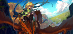  1boy aqua_eyes blonde_hair commentary_request day dragon fantasy female flying green_hair hatsune_miku highres kagamine_len mizukai multiple_riders photoshop_(medium) riding scenery sky twintails vocaloid 