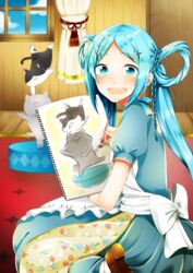  absurdres apron aqua_dress aqua_eyes aqua_hair aqua_nails art_brush braid commentary_request curtains dress feline female french_braid hair_ornament hair_rings hairclip handstand highres indoors long_hair looking_at_viewer looking_back masumofu nail_polish open_mouth paintbrush pixiv pixiv-tan puffy_short_sleeves puffy_sleeves short_sleeves sitting sketchbook smile solo twintails very_long_hair wariza window x_hair_ornament 