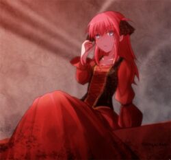  alternate_costume blue_eyes commentary_request dress elizabeth_bathory_(fate) elizabeth_bathory_(fate/extra_ccc) fate/extra fate/extra_ccc fate/grand_order fate_(series) female hair_ribbon long_hair long_sleeves looking_at_viewer minafuni pink_hair red_dress ribbon solo two_side_up 